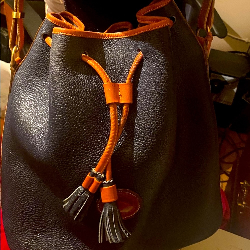 Dooney & Burke Drawstring Crossbody Purse. Dark Olive/ Tan Leather